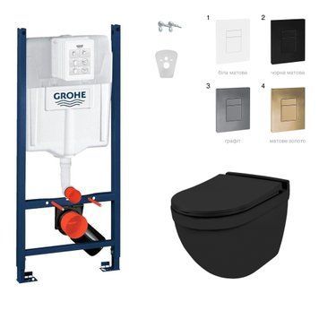 Комплект инсталляция с унитазом Grohe Jaquar Solo Rimless безободковый, сиденье soft-close, чёрный купить - MagicHata